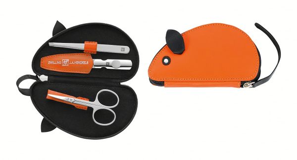 ZWILLING CLASSIC INOX Kinder Etui Maus Maniküre Pediküre Babynägel Reißverschluss Ziegenleder Pflege Set 3-tlg. orange