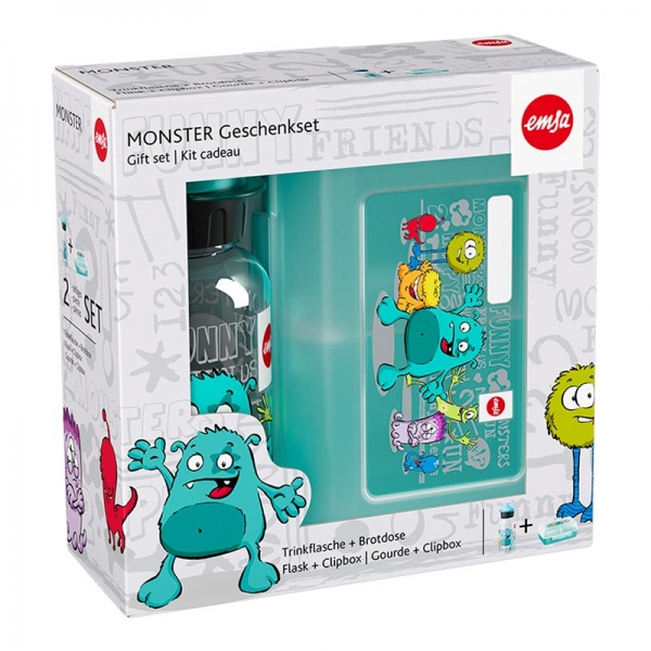 EMSA KIDS Trinkflasche & VARIABOLO Brotdose Geschenkset Soccer Monster