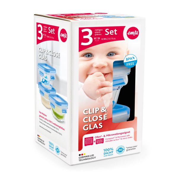 EMSA CLIP&CLOSE Glas Baby-Set Glasdose Dessertschale Auflaufform 3 x 0,18 L