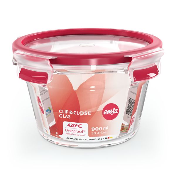 Emsa CLIP & CLOSE GLAS Aufbewahrungsbehälter Glasbehälter Frischhaltedose rund 0,9 L