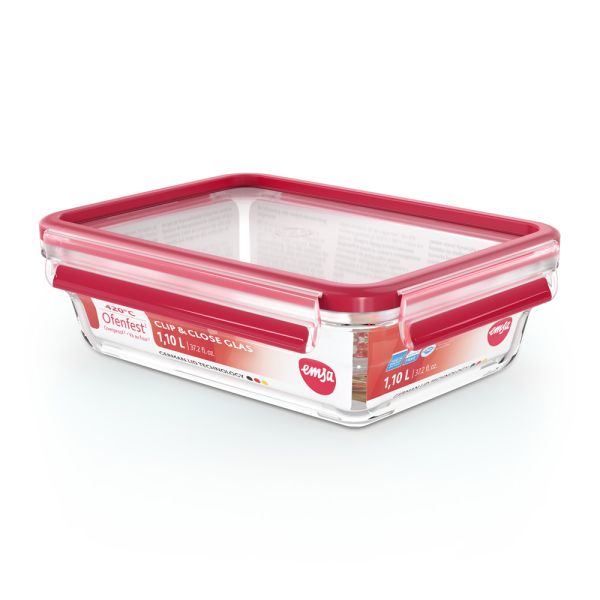 Emsa CLIP & CLOSE GLAS Aufbewahrungsbehälter Glasbehälter Frischhaltedose,rechteckig 1,1 L