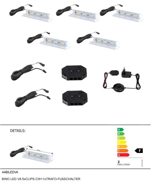 BINO LED VA-5xCLIPS-CW+1xTRAFO-FUßSCHALTER