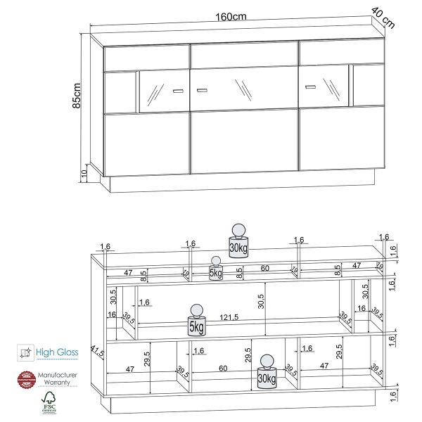 SENSIS 084-02 Sideboard/ Front: MDF Hochglanz / Farbe: Weiß - Ohne LED Beleuchtung - Ohne Dekoration - B/H/T(cm) 160 x 85 x 43