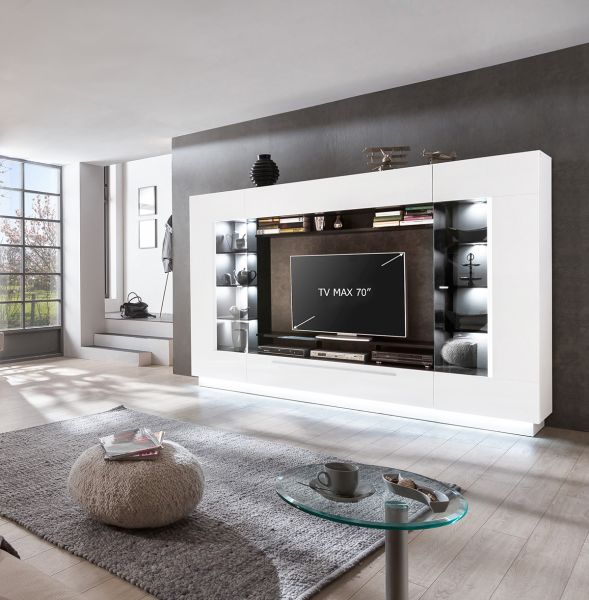 SENSIS VA-02 Wohnkombination 4-Teilig/Front: MDF Hochglanz / Farbe: Weiß - Ohne LED Beleuchtung - Ohne Dekoration - B/H/T(cm) 275 x 190 x 40
