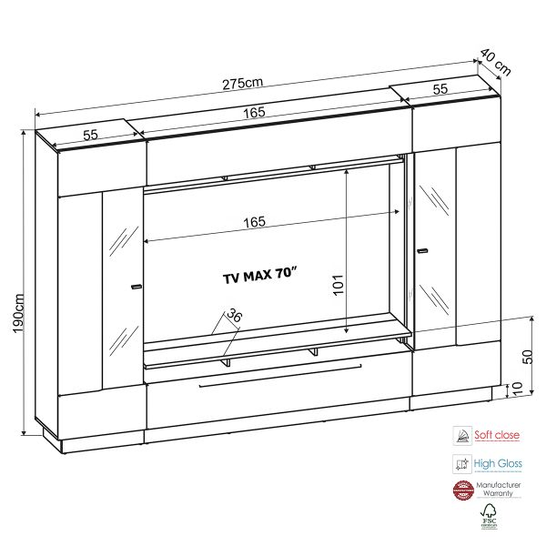 SENSIS VA-02 Wohnkombination 4-Teilig/Front: MDF Hochglanz / Farbe: Weiß - Ohne LED Beleuchtung - Ohne Dekoration - B/H/T(cm) 275 x 190 x 40