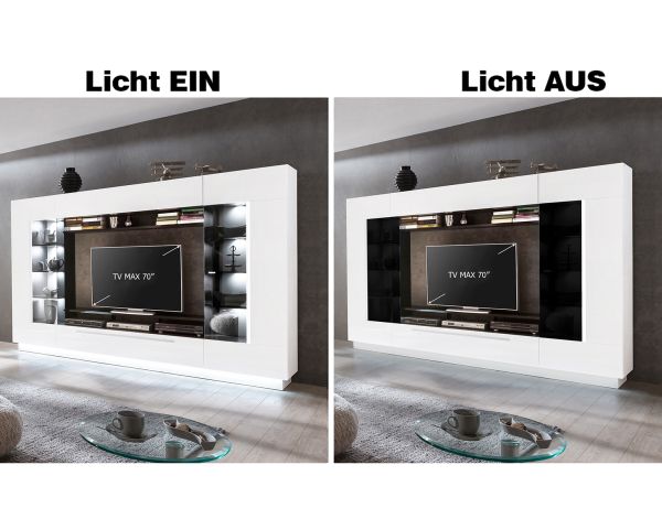 SENSIS VA-02 Wohnkombination 4-Teilig/Front: MDF Hochglanz / Farbe: Weiß - Ohne LED Beleuchtung - Ohne Dekoration - B/H/T(cm) 275 x 190 x 40