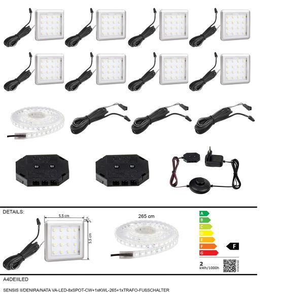 SENSIS II/DENIRA/NATA VA Unterbauleuchte 8er Set SPOT LED Vitrinenbeleuchtung Schrankbeleuchtung Kaltweiß inkl. LED Netzteil 12 Volt (8er Set - Kaltweiß 6000K)