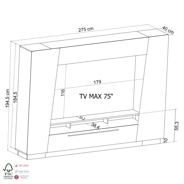 EMIRA VA Wohnkombination 4-teilig/Front:Schwarz MDF Hochglanz Tiefgezogen/Korpus:Schwarz/Ohne LED Beleuchtung