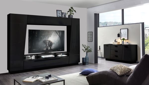 EMIRA VA Wohnkombination 4-teilig/Front:Schwarz MDF Hochglanz Tiefgezogen/Korpus:Schwarz/Ohne LED Beleuchtung