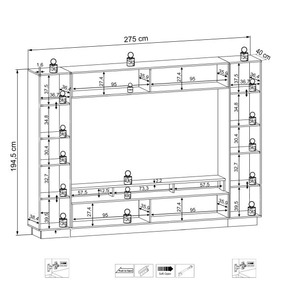 EMIRA VA Wohnkombination 4-teilig/Front:Schwarz MDF Hochglanz Tiefgezogen/Korpus:Schwarz/Ohne LED Beleuchtung