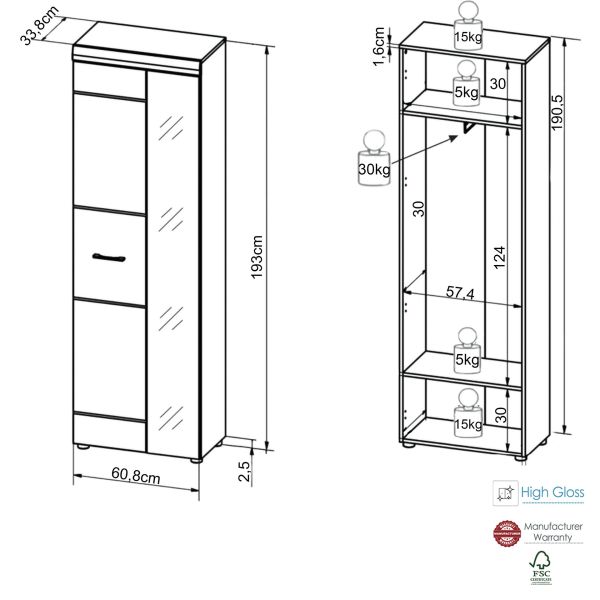 LIRO 531 Garderobenschrank mit Spiegel Front:Weiß MDF Hochglanz Tiefgezogen /Korpus:Dekor Artisan Eiche