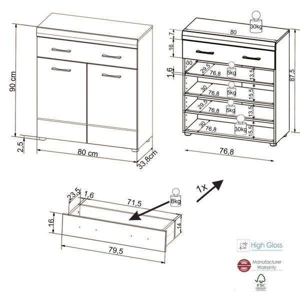 LIRO 582 Schuhschrank Front:Weiß MDF Hochglanz Tiefgezogen/Korpus:Dekor Artisan Eiche