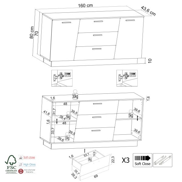MEDIA V 084-01 Sideboard/Front:Weiß MDF Hochglanz Tiefgezogen/Korpus:Weiss-Schwarz
