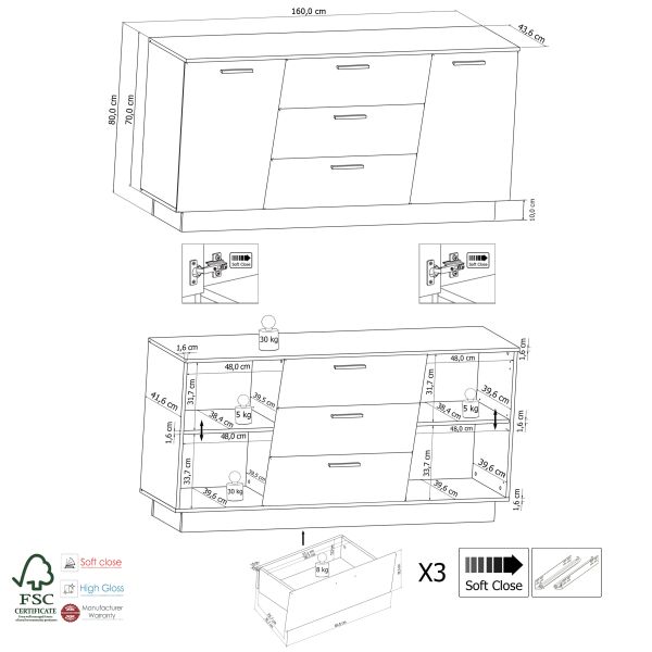 MEDIA V 084-01 Sideboard/Front:Weiß MDF Hochglanz Tiefgezogen/Korpus:Weiss-Schwarz