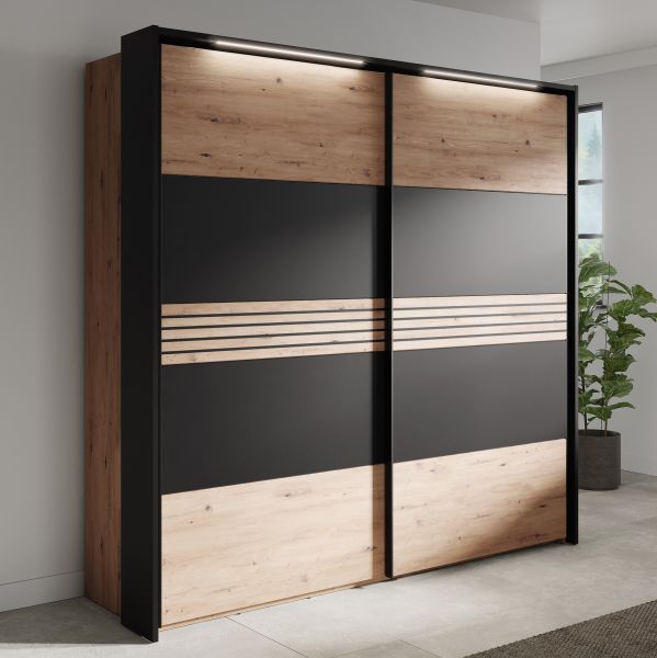 MELIKA 302SX Kleiderschrank mit Passepartout-Rahmen & inklusive LED Beleuchtung /Front:Schwarz/Dekor Lamellen ArtisanEiche/Korpus:Dekor Artisan Eiche