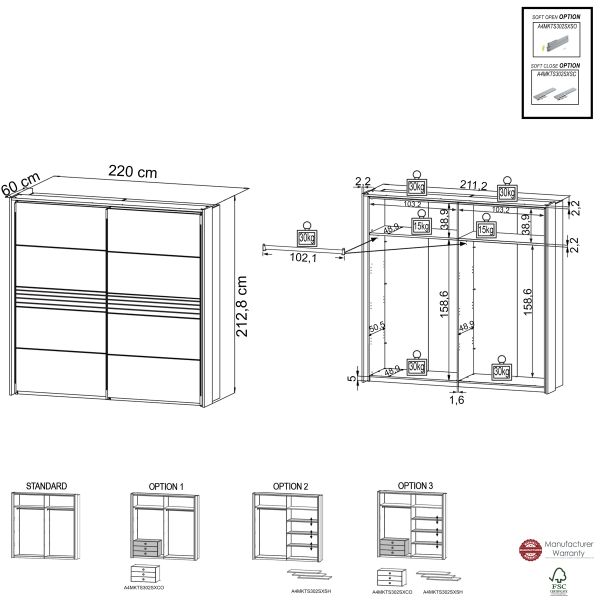 MELIKA 302SX Kleiderschrank mit Passepartout-Rahmen & inklusive LED Beleuchtung /Front:Schwarz/Dekor Lamellen ArtisanEiche/Korpus:Dekor Artisan Eiche