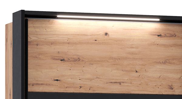 MELIKA 302SX Kleiderschrank mit Passepartout-Rahmen & inklusive LED Beleuchtung /Front:Schwarz/Dekor Lamellen ArtisanEiche/Korpus:Dekor Artisan Eiche