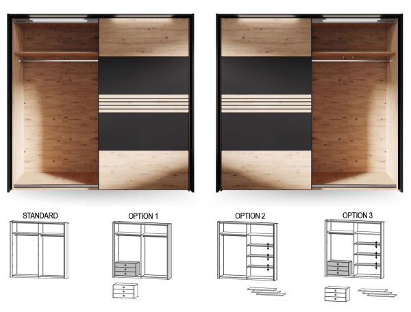 MELIKA 302SX Kleiderschrank mit Passepartout-Rahmen & inklusive LED Beleuchtung /Front:Schwarz/Dekor Lamellen ArtisanEiche/Korpus:Dekor Artisan Eiche