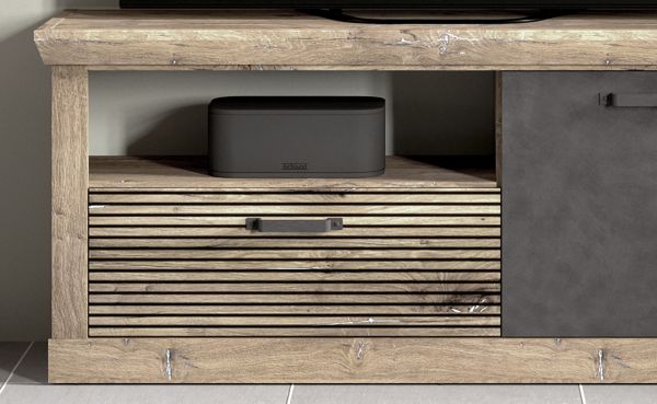 PORTUM 002 TV Lowboard/Front:Dekor Lamellen Flagstaff Eiche-Anthrazit/Korpus:Dekor Flagstaff Eiche