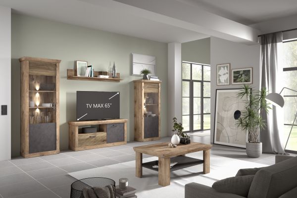 PORTUM 002 TV Lowboard/Front:Dekor Lamellen Flagstaff Eiche-Anthrazit/Korpus:Dekor Flagstaff Eiche