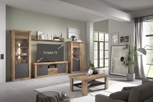 PORTUM 003 TV Lowboard/Front:Dekor Lamellen Flagstaff Eiche-Anthrazit/Korpus:Dekor Flagstaff Eiche