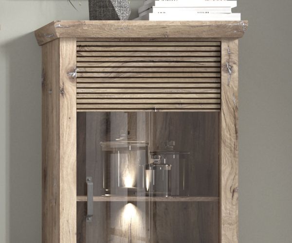 PORTUM 040 Kleine vitrine/Front:Dekor Lamellen Flagstaff Eiche-Anthrazit/Korpus:Dekor Flagstaff Eiche/Ohne LED Beleuchtung
