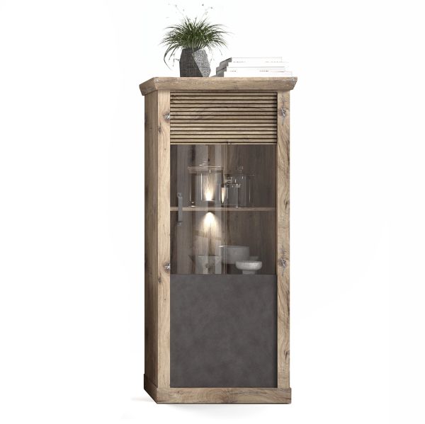 PORTUM 040 Kleine vitrine/Front:Dekor Lamellen Flagstaff Eiche-Anthrazit/Korpus:Dekor Flagstaff Eiche/Ohne LED Beleuchtung