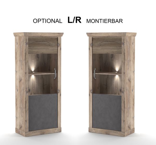 PORTUM 040 Kleine vitrine/Front:Dekor Lamellen Flagstaff Eiche-Anthrazit/Korpus:Dekor Flagstaff Eiche/Ohne LED Beleuchtung