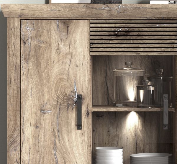 PORTUM 081 Highboard/Front:Dekor Lamellen Flagstaff Eiche-Anthrazit/Korpus:Dekor Flagstaff Eiche/Ohne LED Beleuchtung