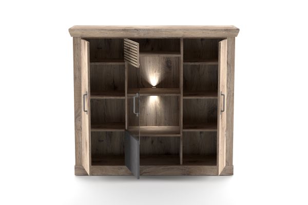 PORTUM 081 Highboard/Front:Dekor Lamellen Flagstaff Eiche-Anthrazit/Korpus:Dekor Flagstaff Eiche/Ohne LED Beleuchtung