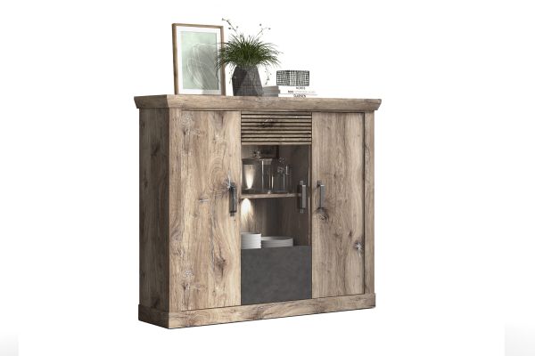 PORTUM 081 Highboard/Front:Dekor Lamellen Flagstaff Eiche-Anthrazit/Korpus:Dekor Flagstaff Eiche/Ohne LED Beleuchtung