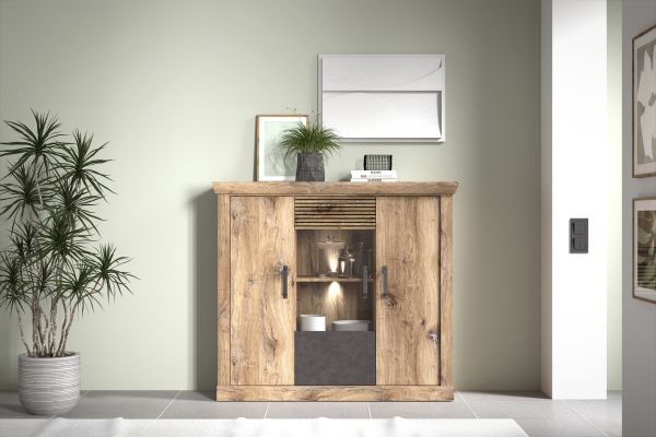 PORTUM 081 Highboard/Front:Dekor Lamellen Flagstaff Eiche-Anthrazit/Korpus:Dekor Flagstaff Eiche/Ohne LED Beleuchtung