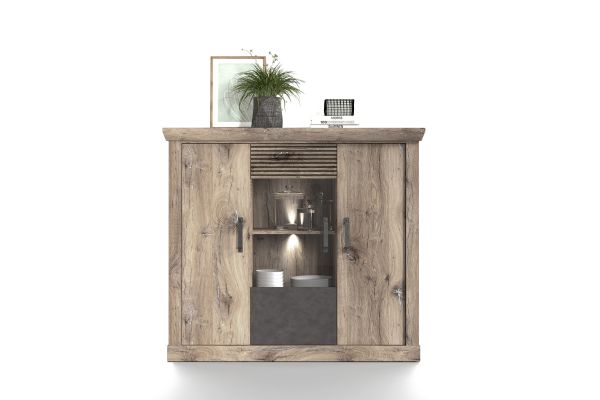 PORTUM 081 Highboard/Front:Dekor Lamellen Flagstaff Eiche-Anthrazit/Korpus:Dekor Flagstaff Eiche/Ohne LED Beleuchtung