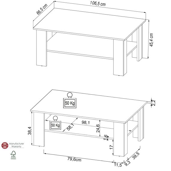 PORTUM 901 Couchtisch/Top:Dekor Flagstaff Eiche/Gestell:Anthrazit