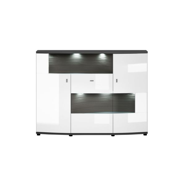 TRENDY 082-01 Highboard/Front:Weiß MDF Hochglanz Tiefgezogen/Korpus:Weiß-Anthrazit/Ohne LED Beleuchtung
