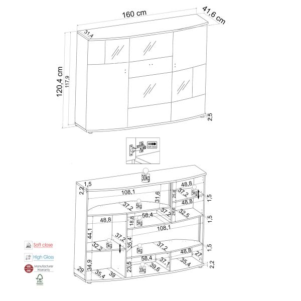 TRENDY 082-01 Highboard/Front:Weiß MDF Hochglanz Tiefgezogen/Korpus:Weiß-Anthrazit/Ohne LED Beleuchtung