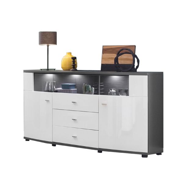 TRENDY 085-01 Sideboard/Front:Weiß MDF Hochglanz Tiefgezogen/Korpus:Anthrazit/Ohne LED Beleuchtung