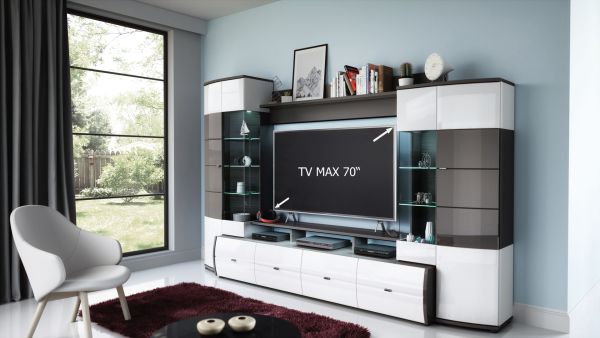 TRENDY VA-01 Wohnkombination 4-teilig/Front:Weiß-Anthrazit MDF Hochglanz Tiefgezogen/Korpus:Weiß-Anthrazit/Ohne LED Beleuchtung