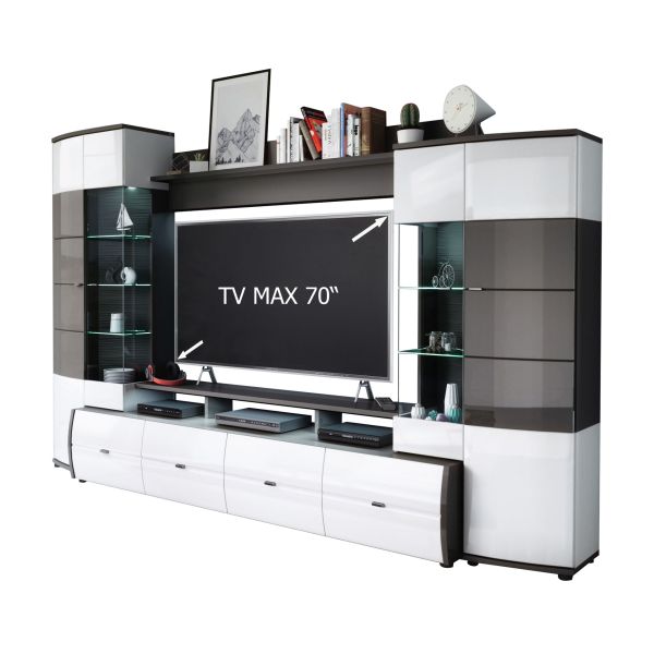 TRENDY VA-01 Wohnkombination 4-teilig/Front:Weiß-Anthrazit MDF Hochglanz Tiefgezogen/Korpus:Weiß-Anthrazit/Ohne LED Beleuchtung