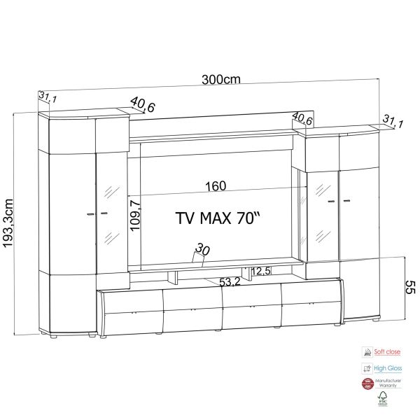 TRENDY VA-01 Wohnkombination 4-teilig/Front:Weiß-Anthrazit MDF Hochglanz Tiefgezogen/Korpus:Weiß-Anthrazit/Ohne LED Beleuchtung
