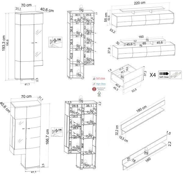 TRENDY VA-01 Wohnkombination 4-teilig/Front:Weiß-Anthrazit MDF Hochglanz Tiefgezogen/Korpus:Weiß-Anthrazit/Ohne LED Beleuchtung
