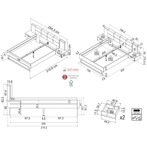 VENUSIA 16NX Bett 160x200 3-teilig mit 2 Nako-Set inklusive LED Beleuchtung/Front:Flagstaff Eiche/Matera/Korpus:Dekor Flagstaff Eiche