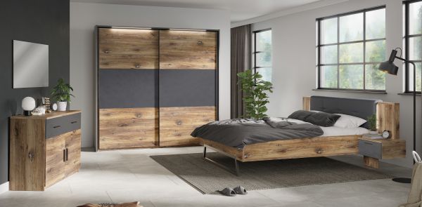 VENUSIA 16NX Bett 160x200 3-teilig mit 2 Nako-Set inklusive LED Beleuchtung/Front:Flagstaff Eiche/Matera/Korpus:Dekor Flagstaff Eiche