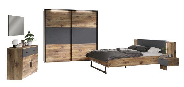 VENUSIA VB18X Schlafzimmer Set 6 teilig inklusive LED Beleuchtung/Front:Flagstaff Eiche/Matera/Korpus:Dekor Flagstaff Eiche