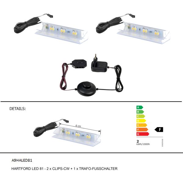 HARTFORD LED 81-2xCLIPS-CW+1xTRAFO-FUßSCHALTER