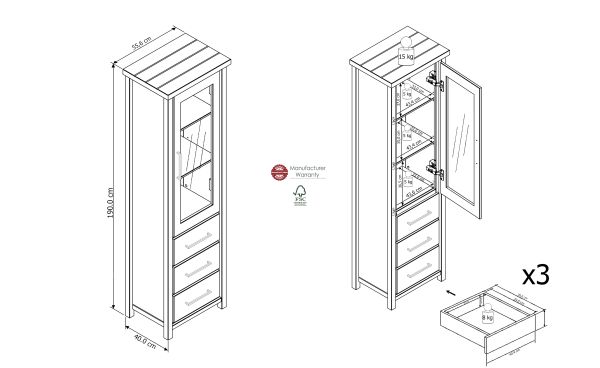 Miami HochVitrine 1-trg 010-01/FrontKorpus/ Kiefer massiv weiss Abstzung grau gebürstet /Ohne LED Beleuchtung