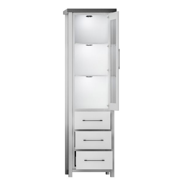 Miami HochVitrine 1-trg 010-01/FrontKorpus/ Kiefer massiv weiss Abstzung grau gebürstet /Ohne LED Beleuchtung