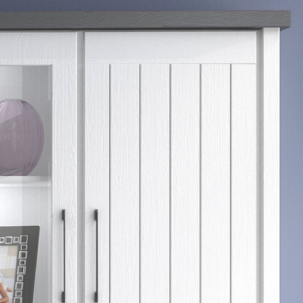 Miami Hochvitrine 4-trg 012-01/FrontKorpus/ Kiefer massiv weiss Abstzung grau gebürstet /Ohne LED Beleuchtung