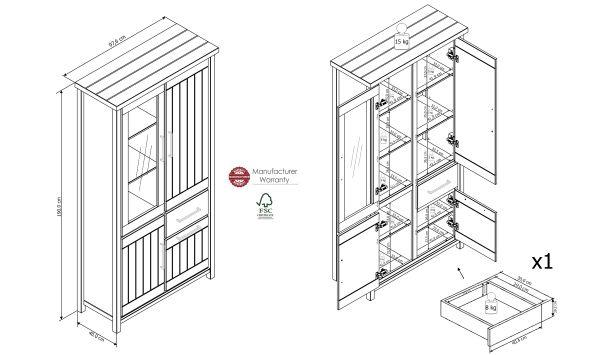 Miami Hochvitrine 4-trg 012-01/FrontKorpus/ Kiefer massiv weiss Abstzung grau gebürstet /Ohne LED Beleuchtung