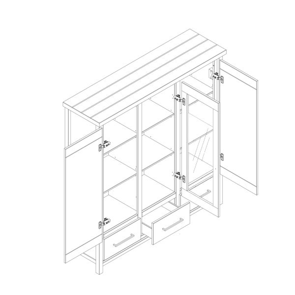 Miami Highboard 081-01/Front/Korpus: Kiefer massiv weiss Absetzung grau gebürstet